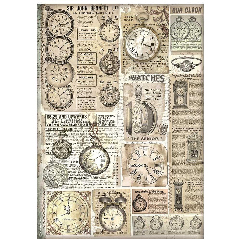 Stamperia Brocante Antiques A4 Rice Paper Sheet: Clocks (DFSA4855)