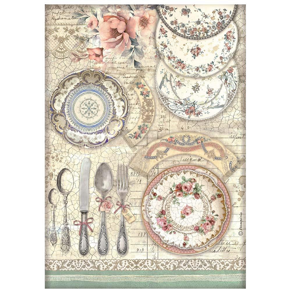 Stamperia Brocante Antiques A4 Rice Paper Sheet: Ceramic Plates (DFSA4856)