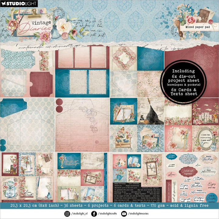 Studio Light Vintage Diaries 8"X8" Mixed Paper Pad: Nr. 176, Envelopes, Cards, 36/Pkg (5A0023JQ1G6HD)