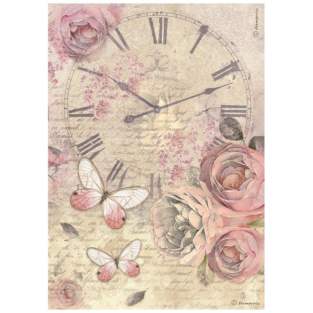 Stamperia Shabby Rose A4 Rice Paper Sheet: Clock (5A00255C1G83T)