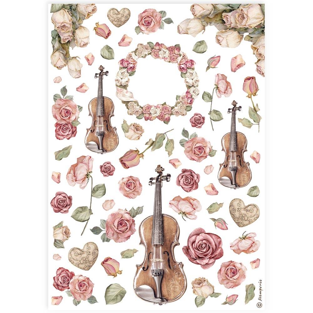 Stamperia A4 Rice Paper Sheet: Violins And Roses (5A0027N91G9ZG)