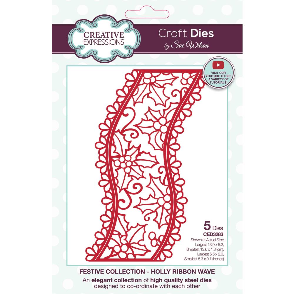 Creative Expressions Craft Dies: Festive Holly Ribbon Wave, By Sue Wilson (5A00283N1GB55)