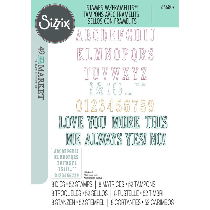 Sizzix A5 Clear Stamps W/Framelits Dies: Fine Line Alpha 01, By 49 And Market (666807)