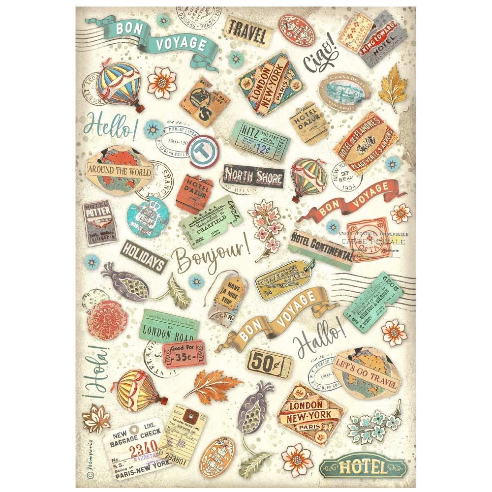 Stamperia Art Of Travelling A4 Rice Paper Sheet: Labels (DFSA4980)