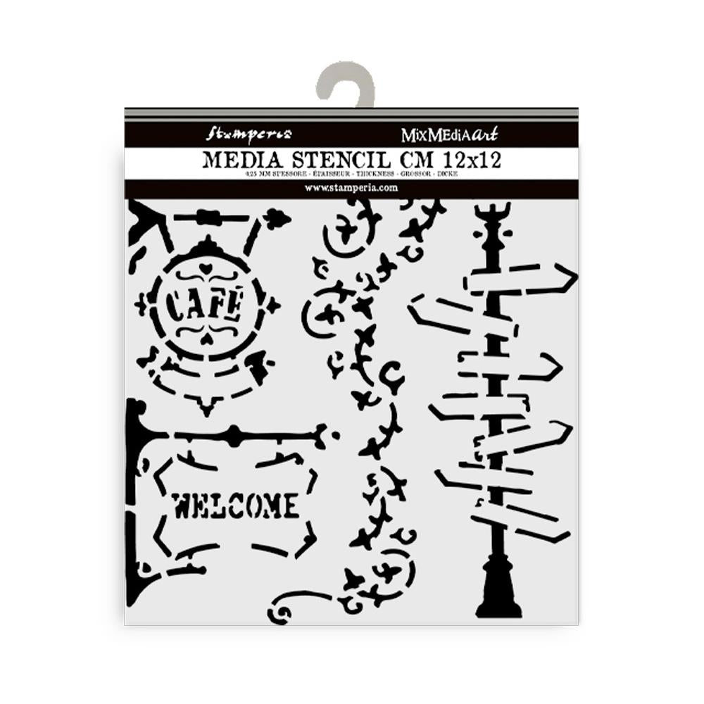 Stamperia Art Of Travelling 4.72"X 4.72" Stencil: Lamp And Sign (KSTDS08)