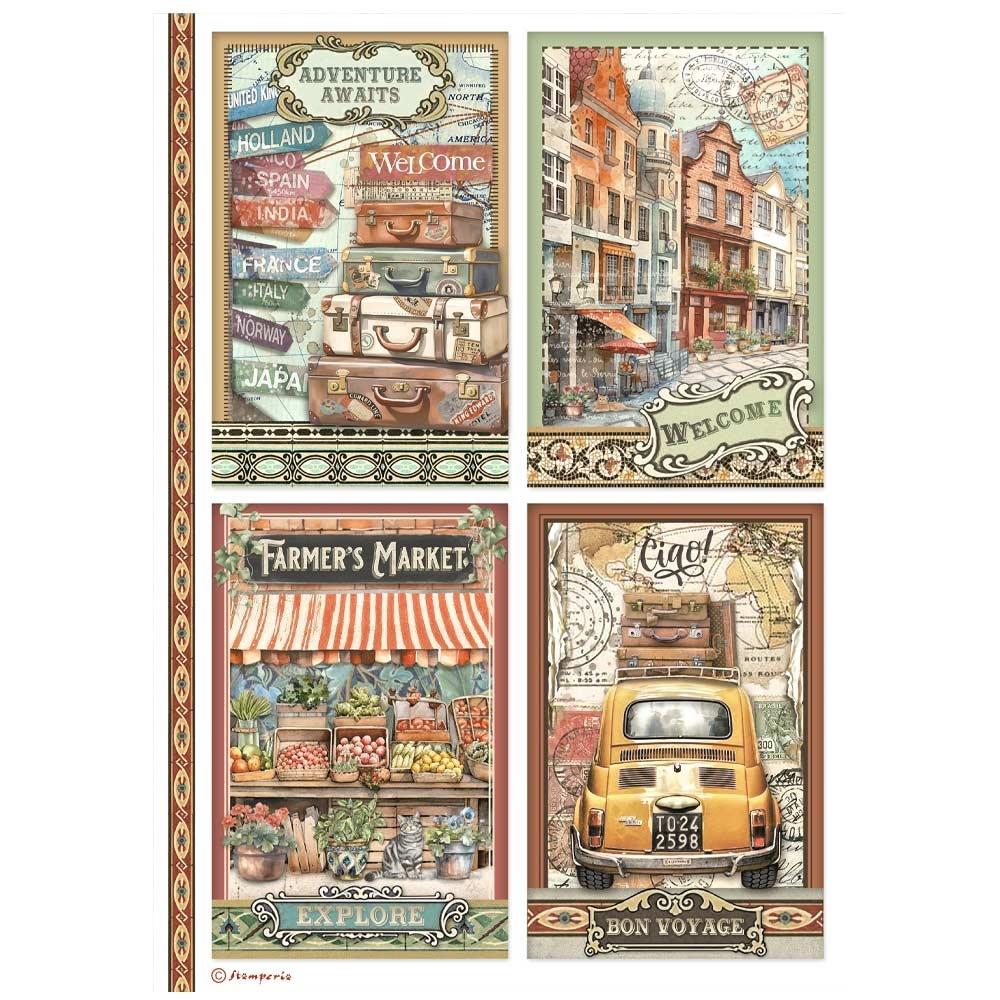 Stamperia Art Of Travelling A4 Rice Paper Sheet: 4 Cards (DFSA4979)