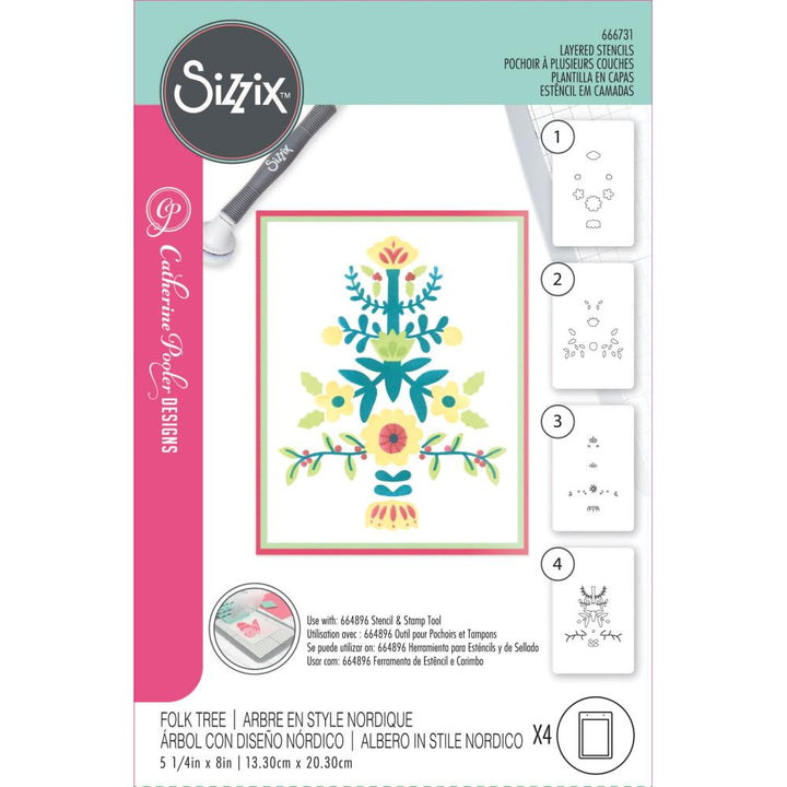 Sizzix A6 Layered Stencils: Folk Tree, 4/Pkg, By Catherine Pooler (5A00241N1G7B6)