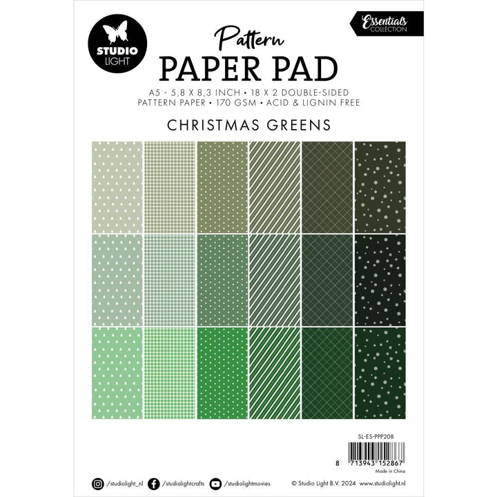 Studio Light Pattern Essentials 5.83"X8.25" Paper Pad: Nr. 208, Christmas Greens (5A0023M71G6P3)