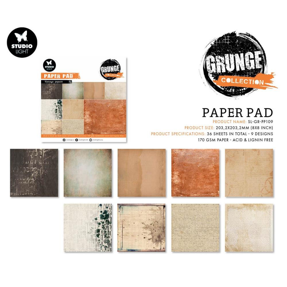 Studio Light Grunge 8"X8" Paper Pad: Nr. 109, Old Papers, 36/Pkg (LGRPP109)