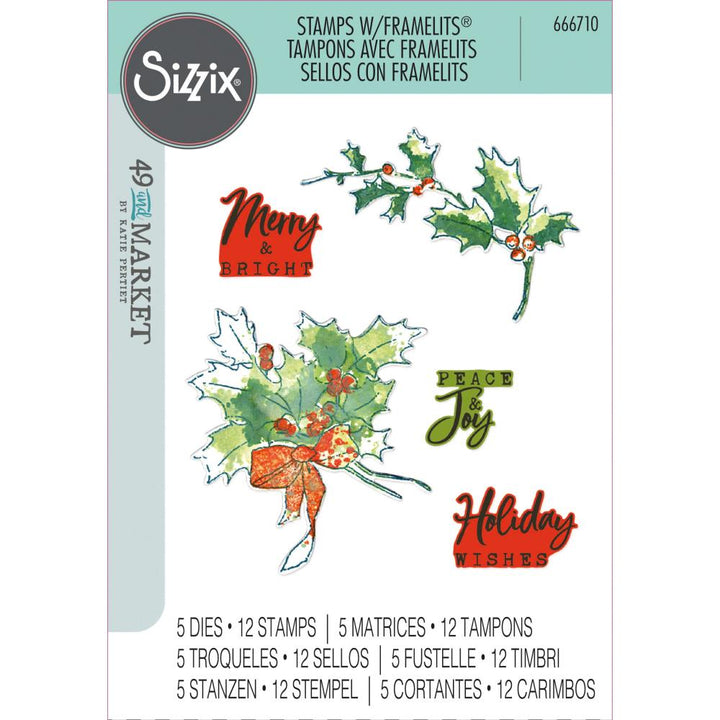 Sizzix/49 and Market A5 Clear Stamps With Framelits Die: Pencil Line Holly (5A00240R1G7BN)