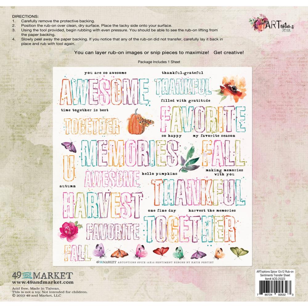 49 and Market ARToptions Spice 12"X12" Rub-Ons: Sentiments (AOS25323)