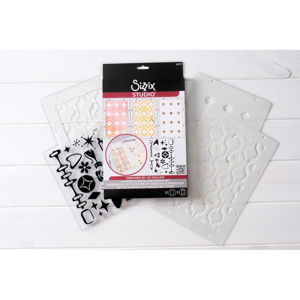 Sizzix Clear Stamp Set W/ Stencils: Retro, 18/Pkg, By Vic Hollins (5A002BL91GF2Y)