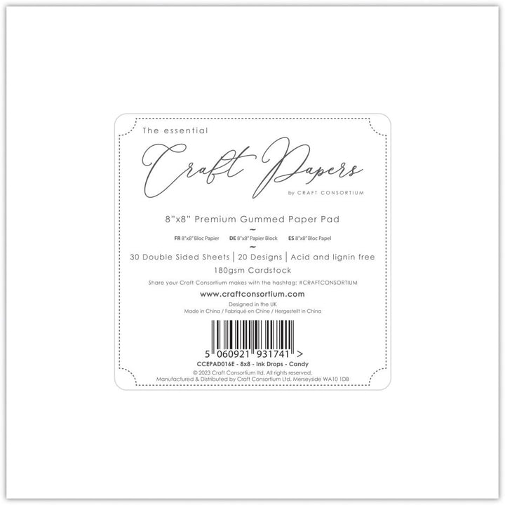 Craft Consortium Ink Drops 8"X8" Double-Sided Paper Pad: Candy, 30/Pkg (EPAD016E)