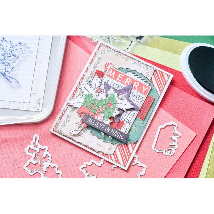 Sizzix/49 and Market A5 Clear Stamps With Framelits Die: Pencil Line Holly (5A00240R1G7BN)