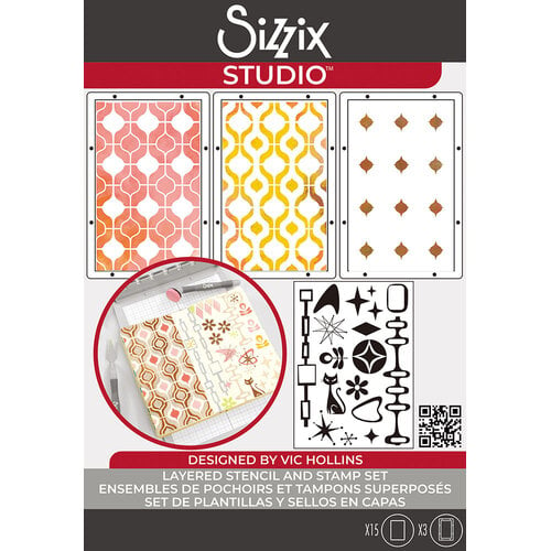 Sizzix Clear Stamp Set W/ Stencils: Retro, 18/Pkg, By Vic Hollins (5A002BL91GF2Y)