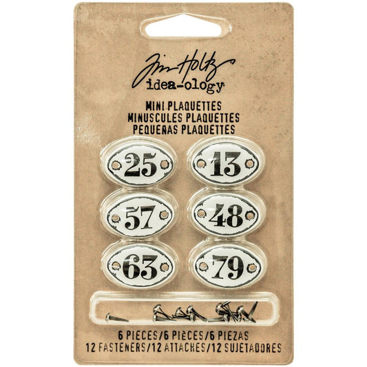 Tim Holtz Idea-Ology Metal Number Plaquettes W/Brads: White W/Black Numbers, 6/Pkg (TH93296)