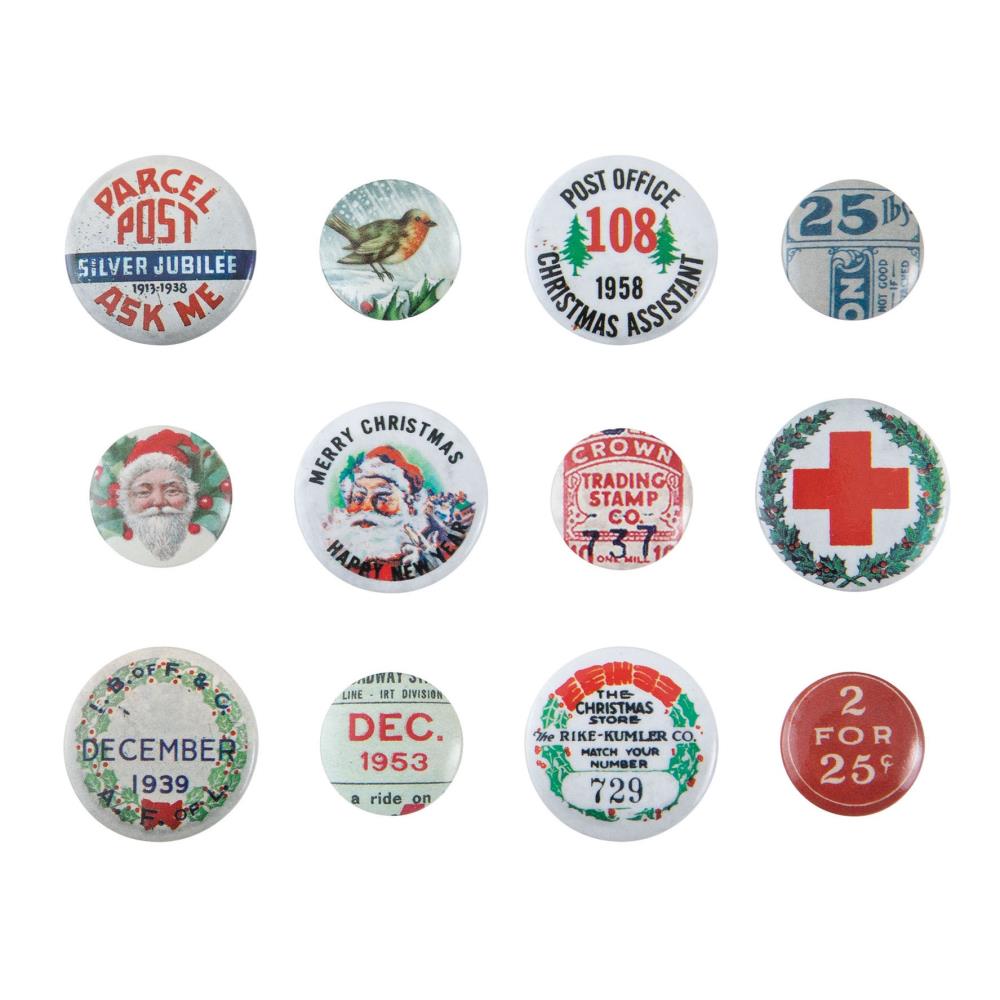 Tim Holtz Idea-ology Christmas Mini Flair Buttons, 12/Pkg (TH94197)