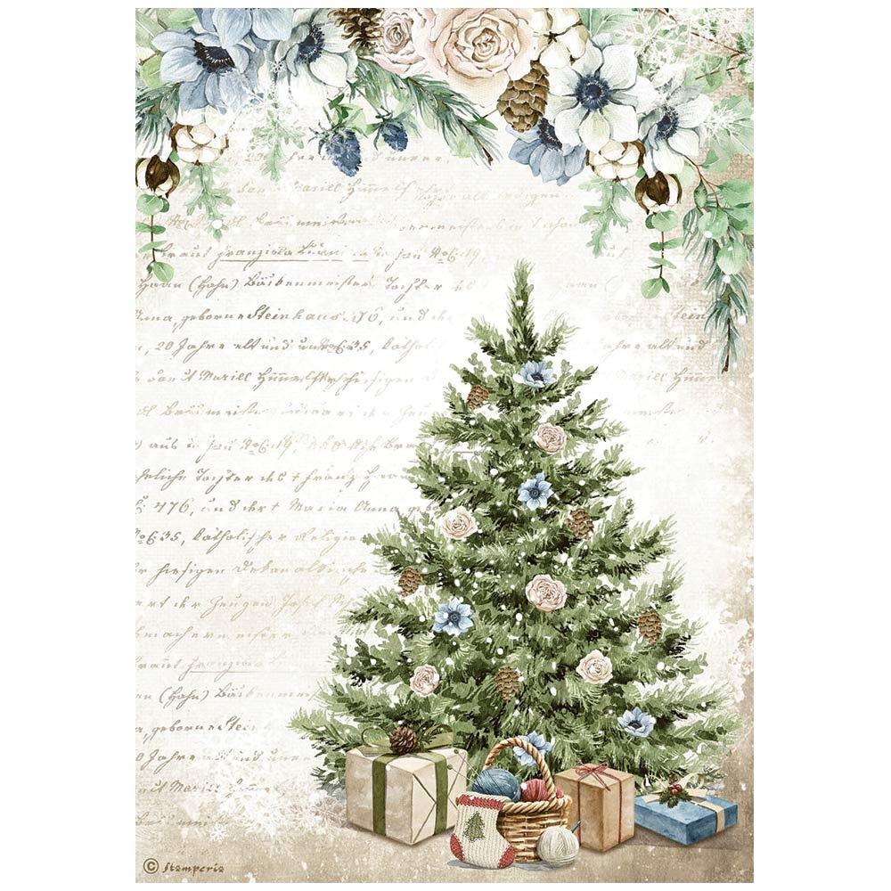 Stamperia Cozy Winter A4 Rice Paper Sheet: Blue Tree (DFSA4708)