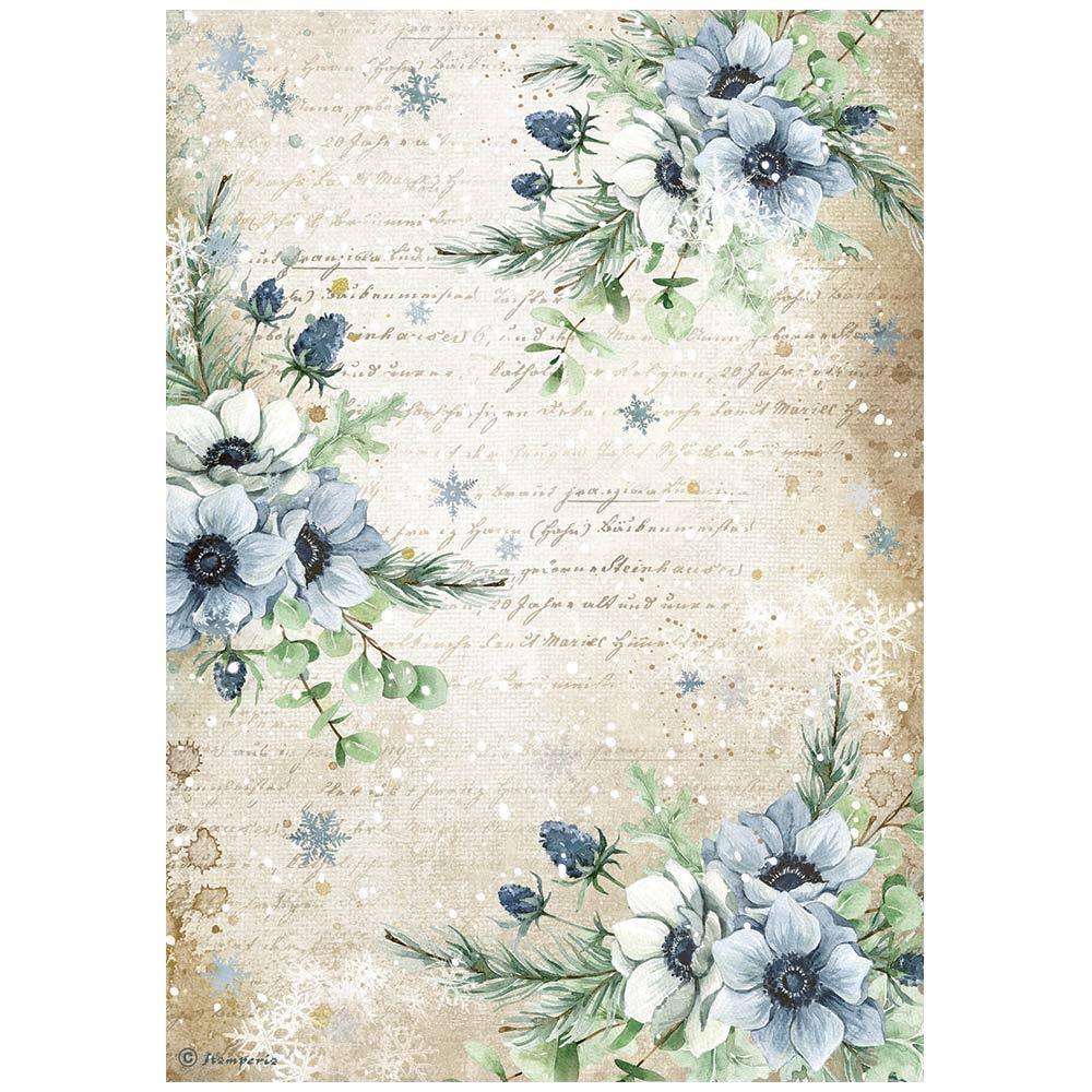 Stamperia Cozy Winter A4 Rice Paper Sheet: Blue Flowers (DFSA4710)