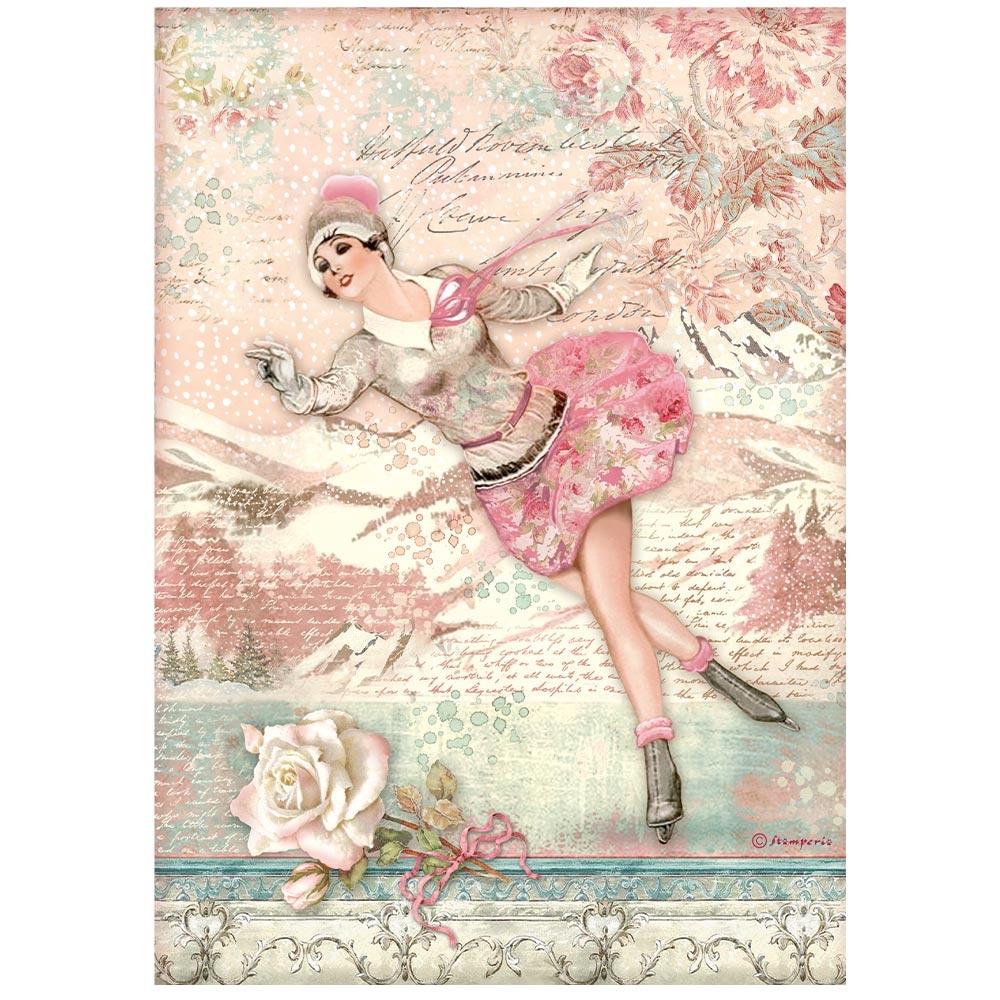 Stamperia Sweet Winter A4 Rice Paper Sheet: Ice Skater (DFSA4725)