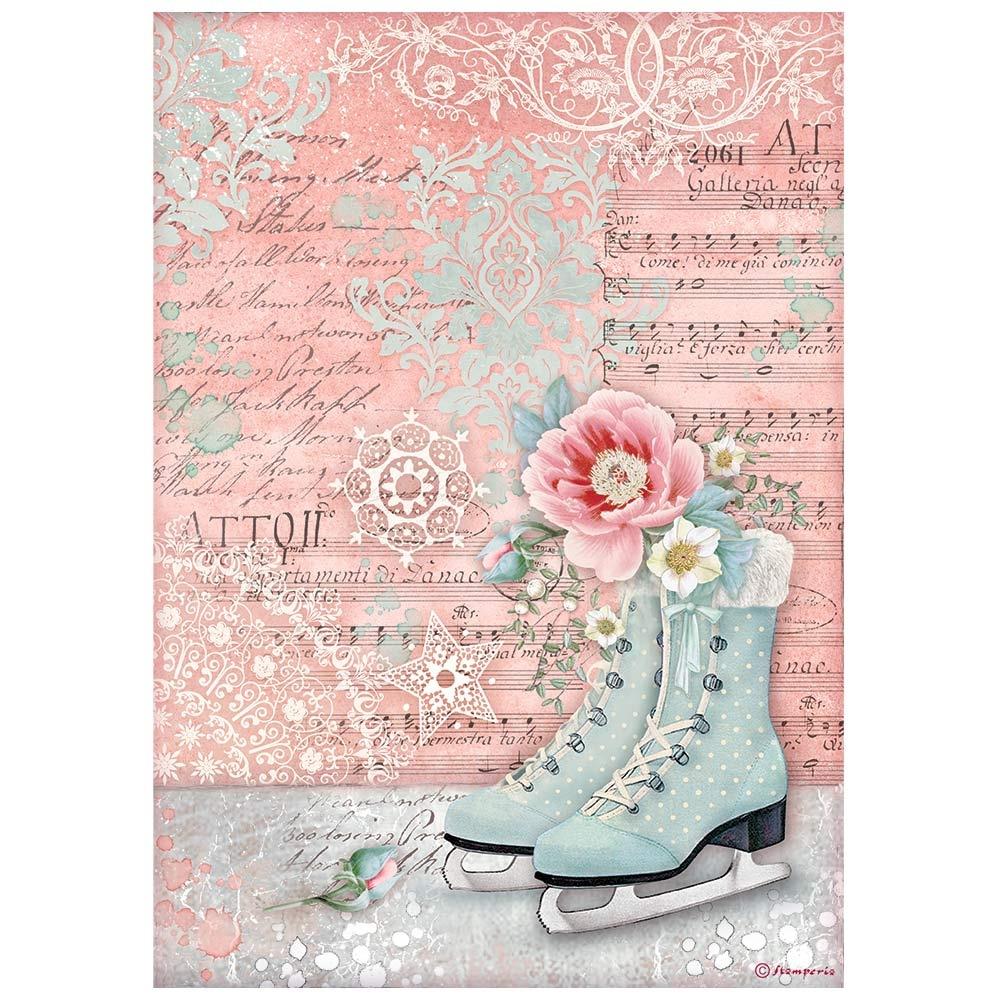 Stamperia Sweet Winter A4 Rice Paper Sheet: Ice Skates (DFSA4730)