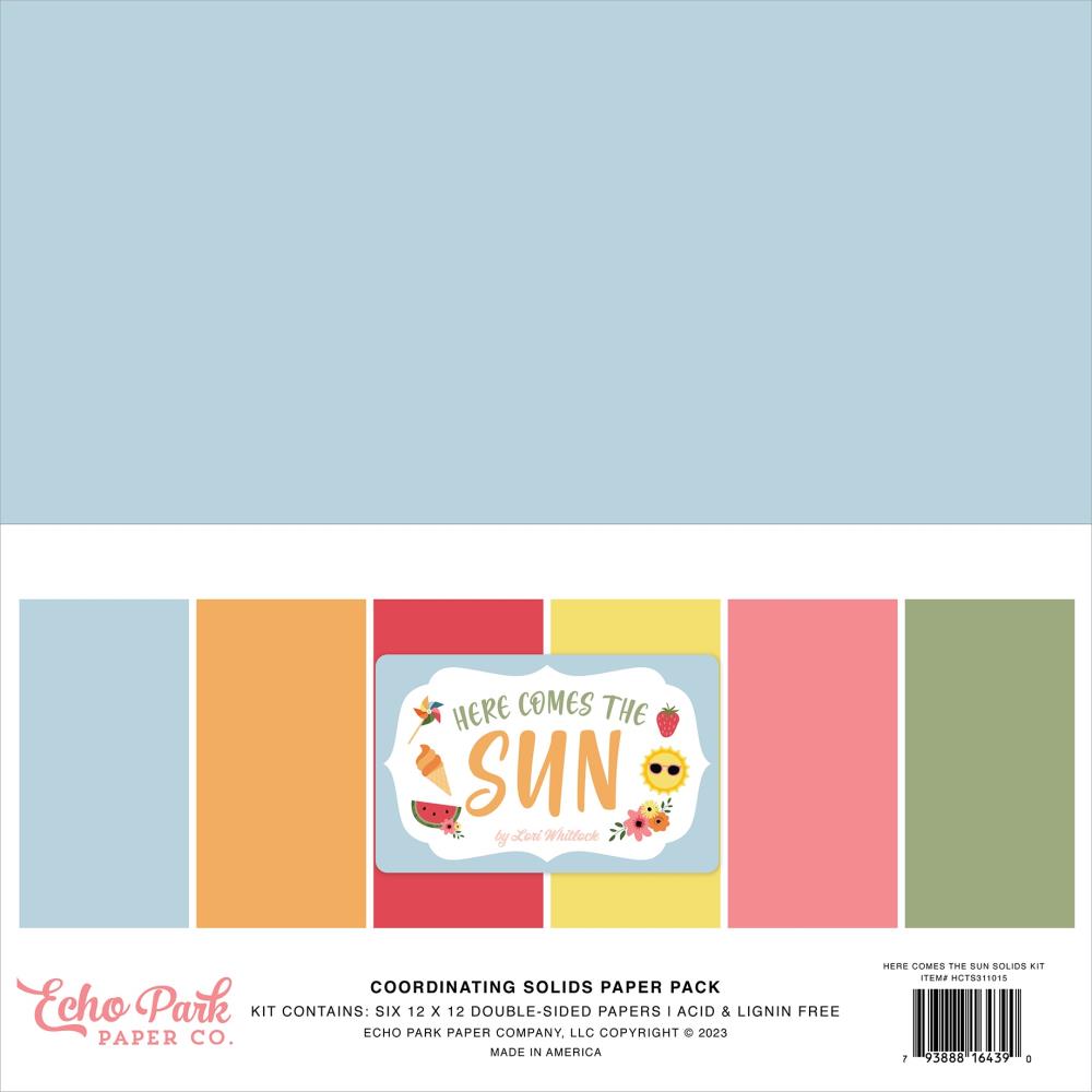 Echo Park Here Comes The Sun 12"X12" Double-Sided Solid Cardstock: 6 Colors, 6/Pkg (TS311015)