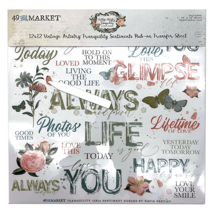 49 and Market Vintage Artistry Tranquility 12"X12" Rub-Ons: Sentiments, 1/Sheet (VAT39678)