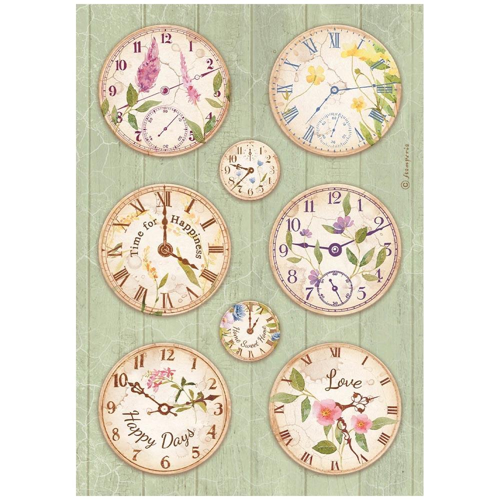 Stamperia Create Happiness Welcome Home A4 Rice Paper Sheet: Clocks (DFSA4743)