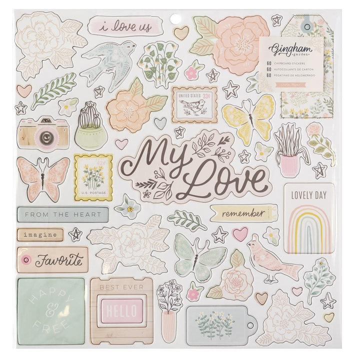 Crate Paper Gingham Garden 12"X12" Chipboard Stickers: Icons & Phrases, 60/Pkg (CP014012)