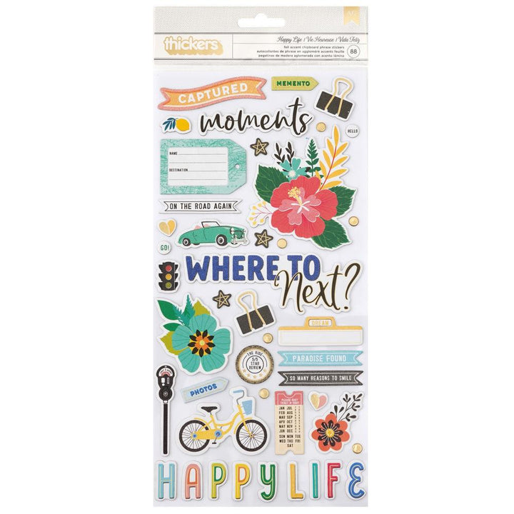 Vicki Boutin Where To Next Chipboard Thickers Stickers: Happy Life Phrase, 88/Pkg (VB014111)