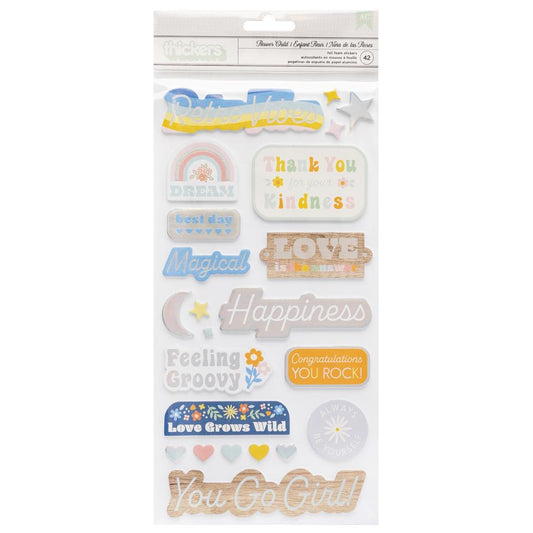 Jen Hadfield Flower Child Thickers Stickers: Phrase W/Silver Holographic Foil, 47/Pkg (JH014152)