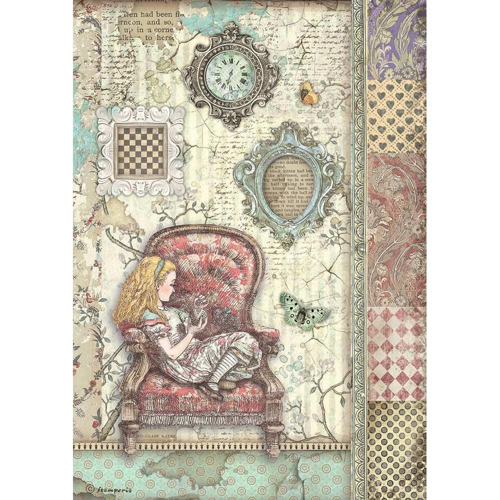 Stamperia Alice Forever A4 Rice Paper Sheet: Alice On The Chair (DFSA4765)