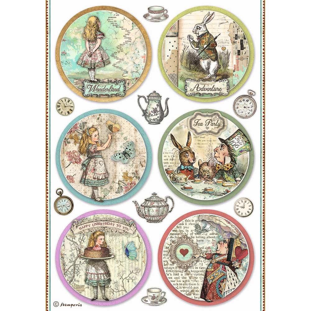 Stamperia Alice Forever A4 Rice Paper Sheet: Alice Rounds (DFSA4766)