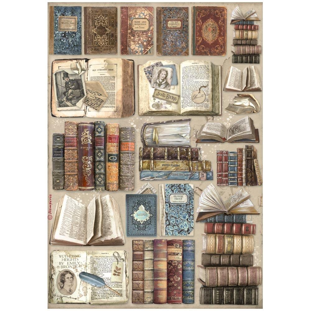 Stamperia Vintage Library A4 Rice Paper Sheet: Books (DFSA4755)