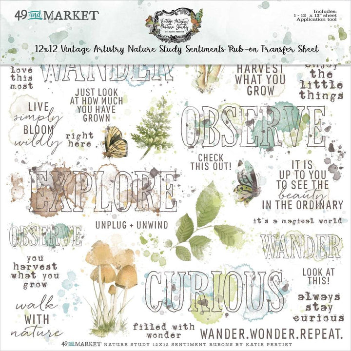 49 and Market Vintage Artistry Nature Study 12"X12" Rub-Ons: Sentiments (NS23336)