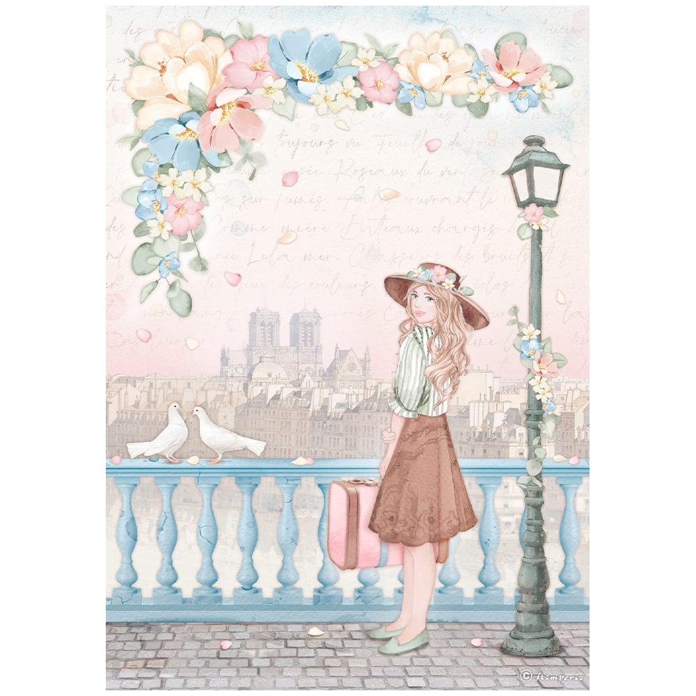 Stamperia Oh La La A4 Rice Paper Sheet: Girl With Suitcase (DFSA4764)