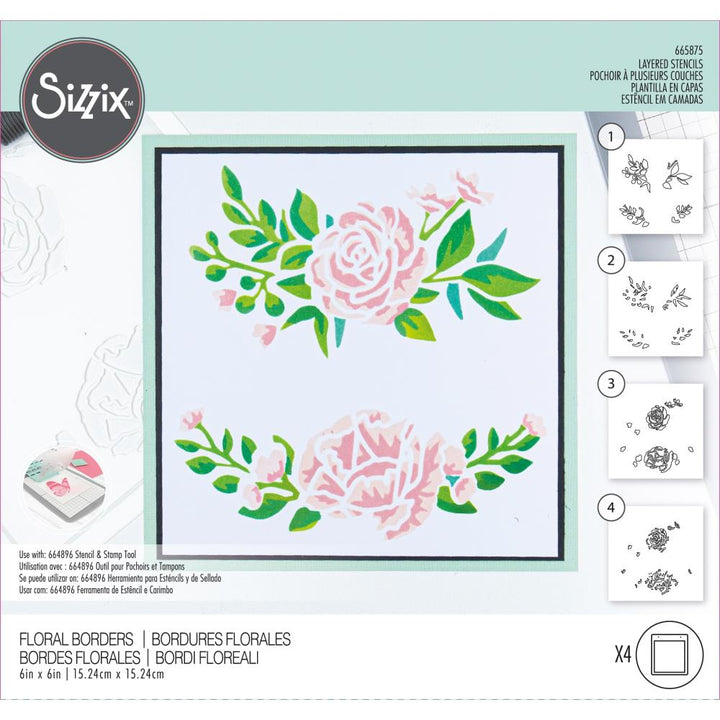 Sizzix Making Tool 6"X6" Layered Stencil: Floral Borders, By Olivia Rose (665875)