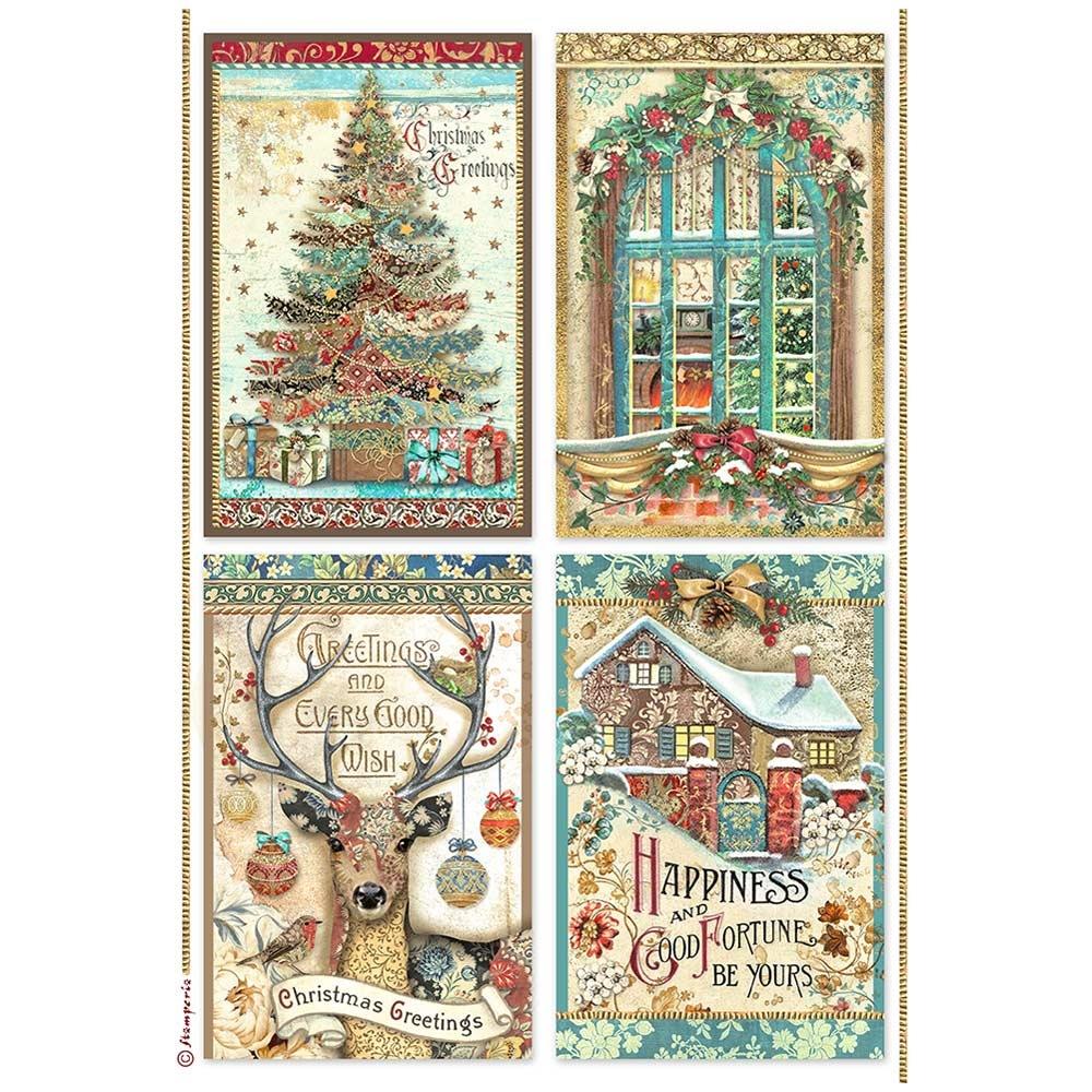 Stamperia Christmas Greetings A4 Rice Paper Sheet: 4 Cards (DFSA4796)