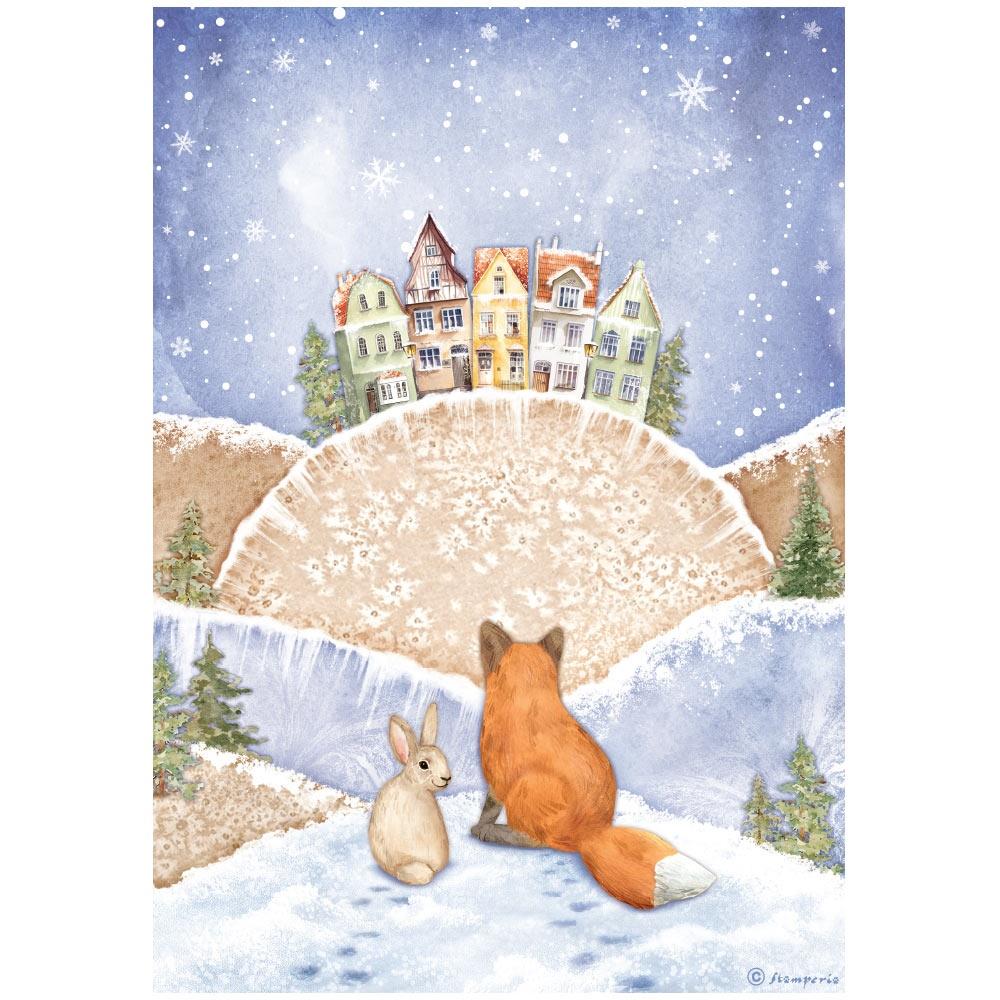 Stamperia Winter Valley A4 Rice Paper Sheet: Fox And Bunny (DFSA4797)