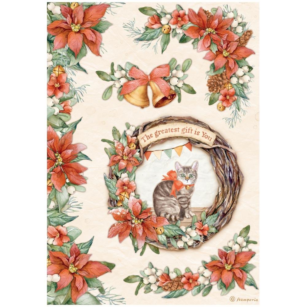 Stamperia All Around Christmas A4 Rice Paper Sheet: Garland With Cat (DFSA4803)