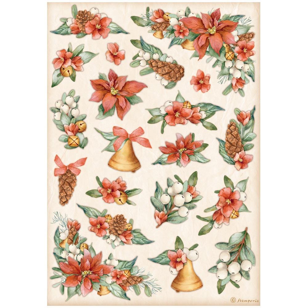 Stamperia All Around Christmas A4 Rice Paper Sheet: Poinsettia & Bells (DFSA4806)