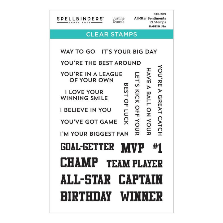 Spellbinders Clear Stamp Set: All-Star Sentiments, By Justine Dvorak (STP209)