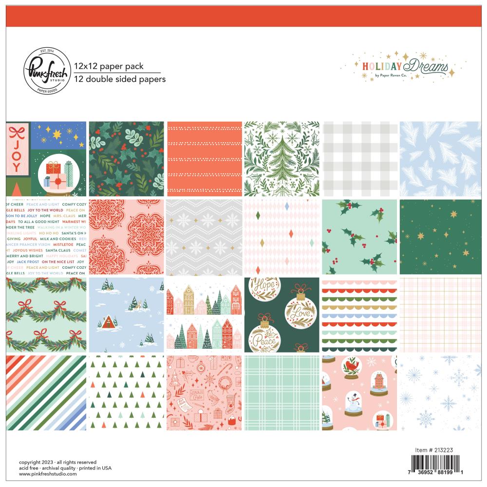 Pinkfresh Studio Holiday Dreams 12"X12" Double-Sided Paper Pack, 12/Pkg (PF213223)