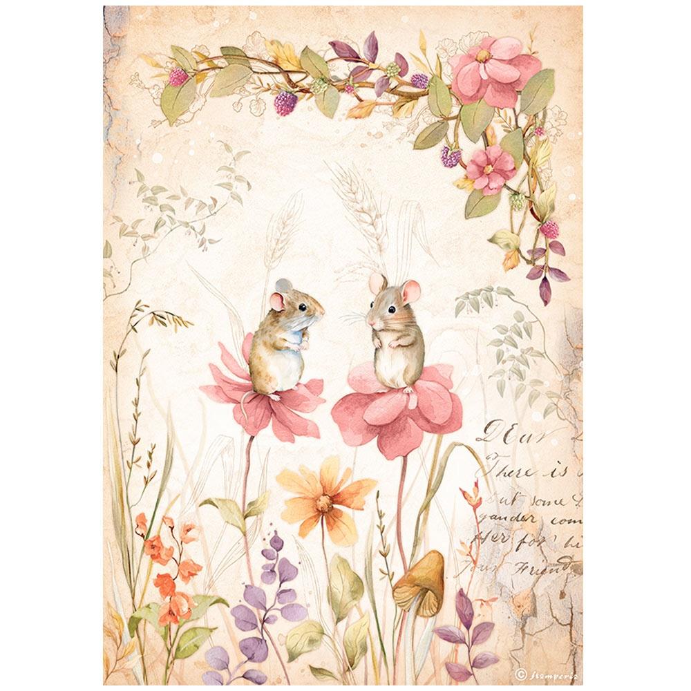 Stamperia Woodland A4 Rice Paper Sheet: Mice And Flowers (DFSA4815)