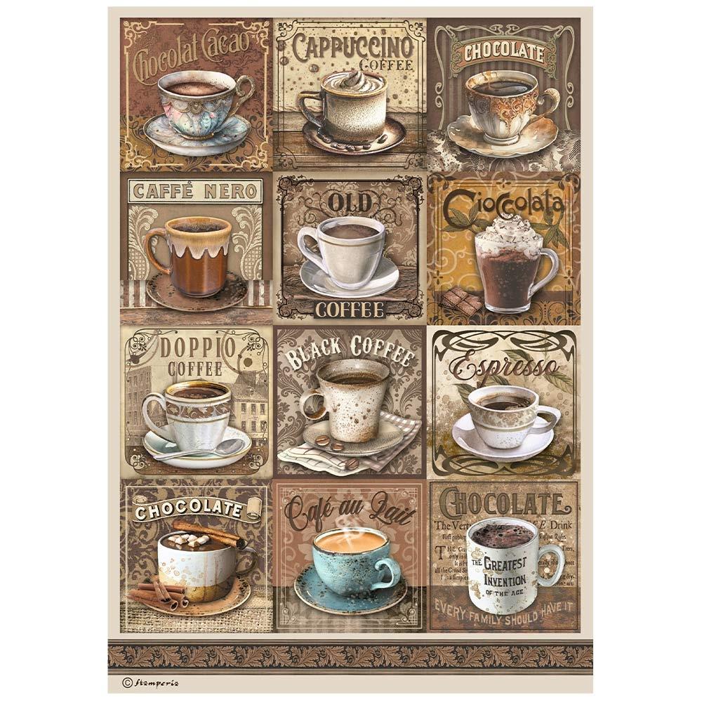 Stamperia Coffee And Chocolate A4 Rice Paper Sheet: Tags With Cups (DFSA4822)