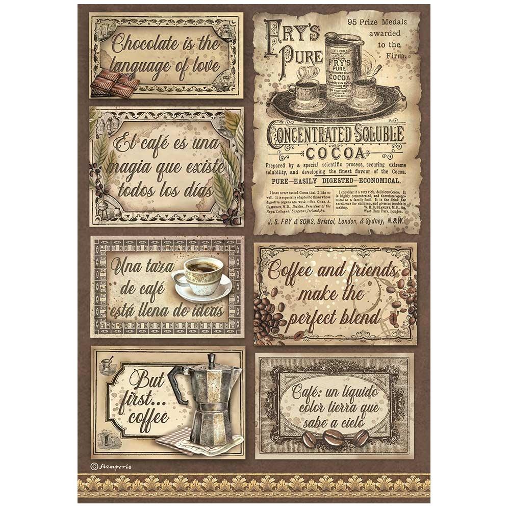 Stamperia Coffee And Chocolate A4 Rice Paper Sheet: Labels (DFSA4826)