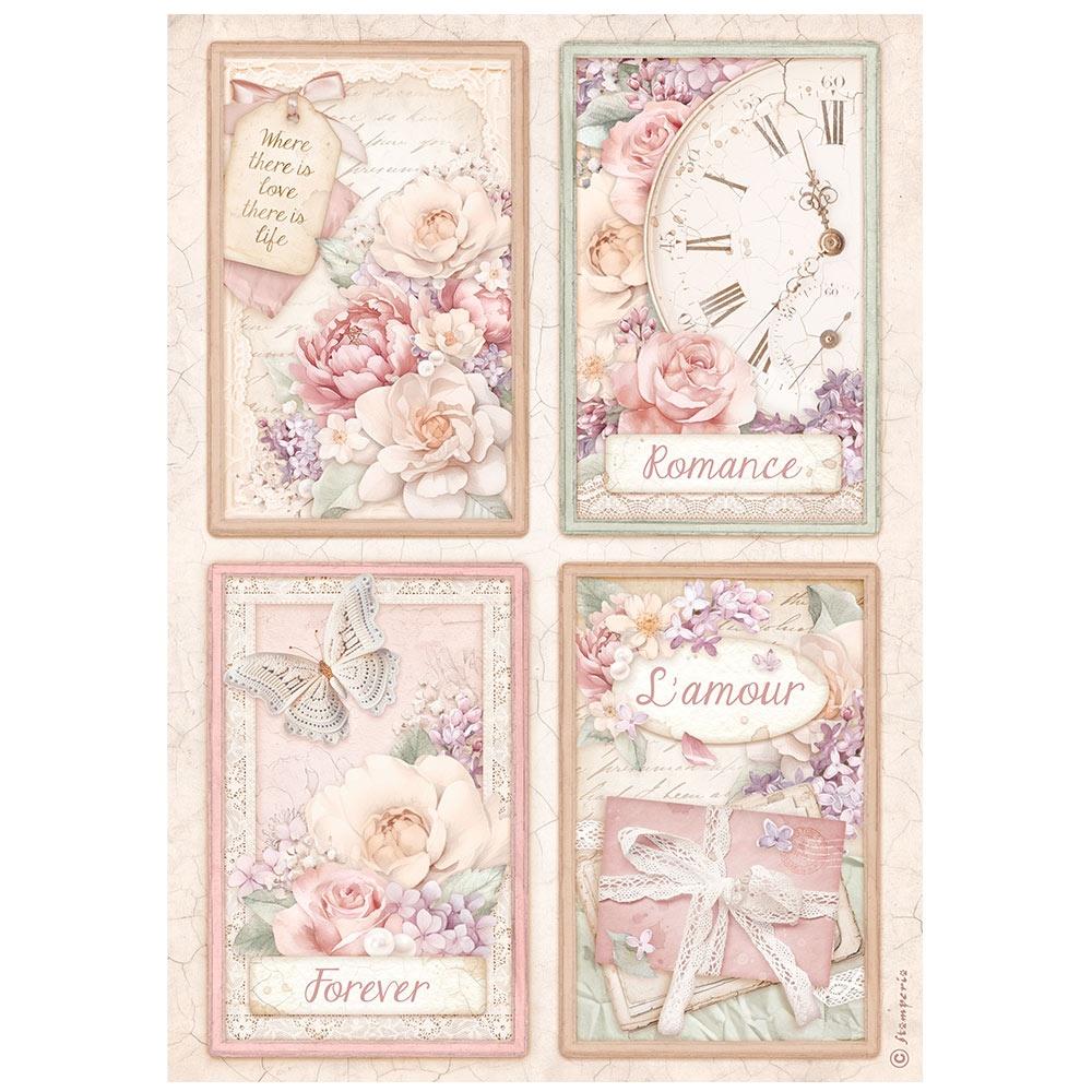 Stamperia Romance Forever A4 Rice Paper Sheet: 4 Cards (DFSA4833)