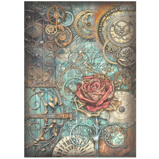 Stamperia Sir Vagabond In Fantasy World A4 Rice Paper Sheet: Mechanical Rose (DFSA4841)