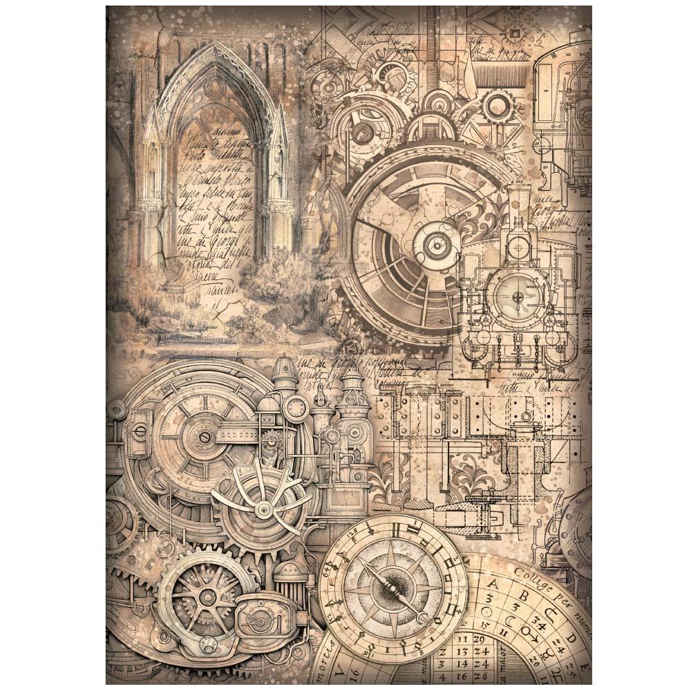 Stamperia Sir Vagabond In Fantasy World A4 Rice Paper Sheet: Mechanical Pattern (DFSA4846)