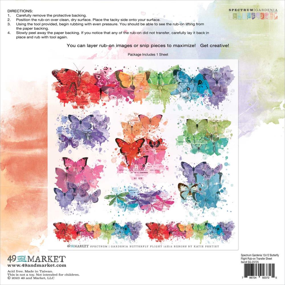 49 and Market Spectrum Gardenia 12"X12" Rub-Ons: Butterfly Flight, 1 Sheet (SG23725)